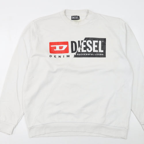 Diesel Mens White XL Pullover Sweatshirt Graphic Print Logo Jumper