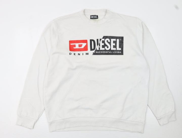 Diesel Mens White XL Pullover Sweatshirt Graphic Print Logo Jumper