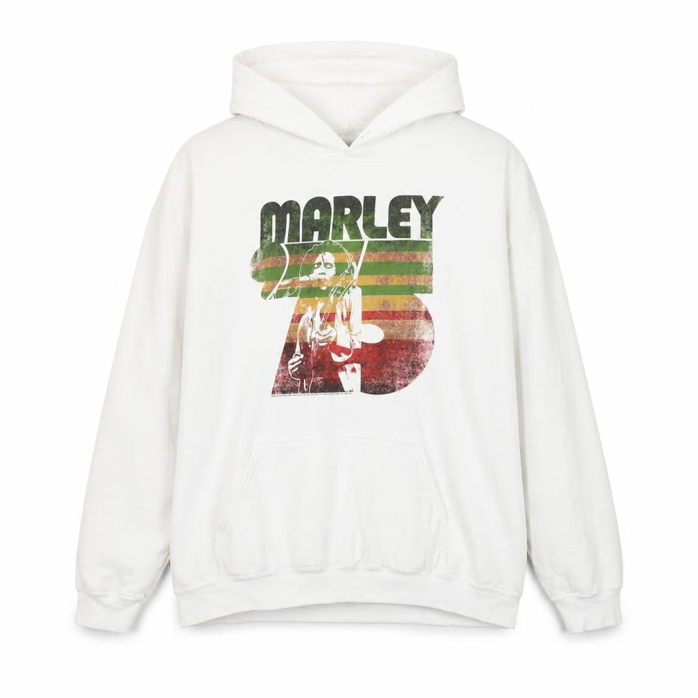 Front view of Bob Marley Men's White XL Pullover Hoodie Graphic Print Fleece