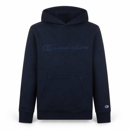 Front view of Champion Men's Blue Pullover Hoodie Medium Embroidered Logo Fleece