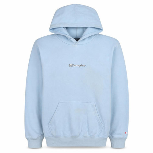 Front view of Champion Men's Blue Pullover Hoodie Medium Logo Fleece Sweatshirt