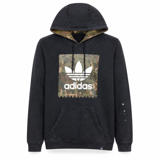 Front view of Adidas men’s black camo logo pullover hoodie, size S