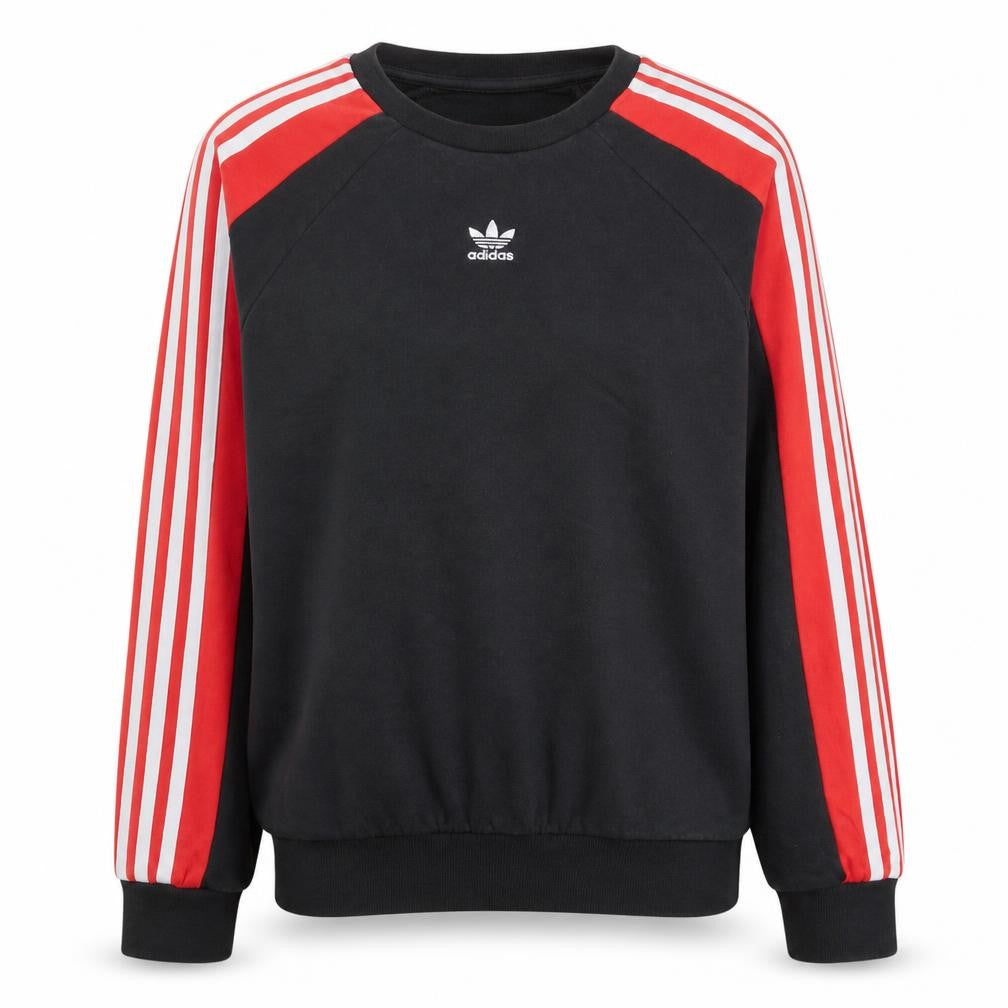 Front view of Adidas women’s black red crew neck long sleeve sweatshirt, size UK 6