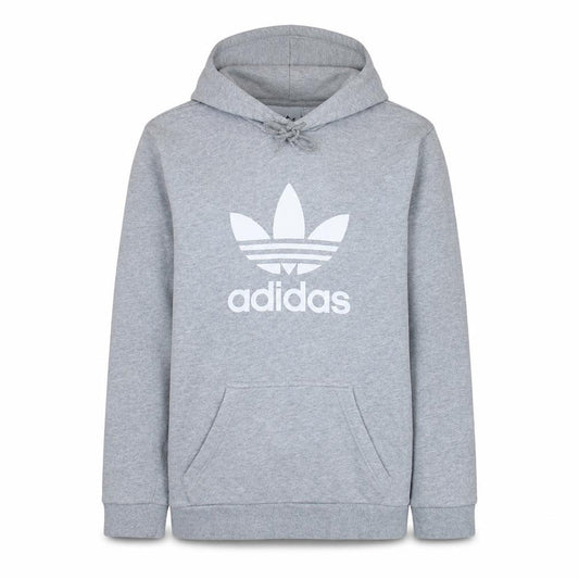 Front view of Adidas men’s grey pullover hoodie xs regular fit logo fleece