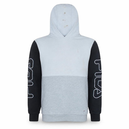 Front view of Fila Men’s Grey Pullover Hoodie XS Logo Graphic Hooded Sweatshirt