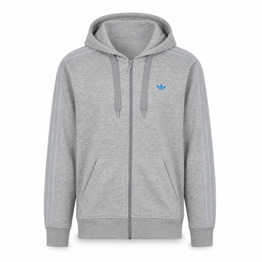 Front view of Adidas Men Grey Full Zip Hoodie, size S, Classic Sportswear