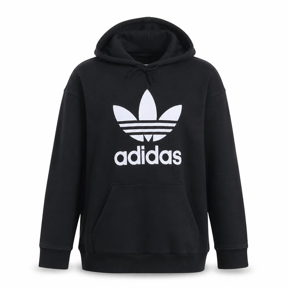 Front view of Adidas women’s black pullover hoodie, size UK 4, logo print casual sweatshirt