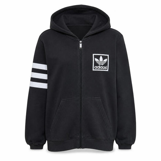 Front view of Adidas women’s black full zip hoodie small trefoil logo cotton blend