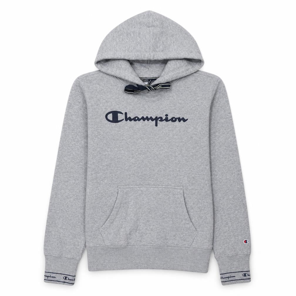 Front view of Champion women’s grey hoodie medium pullover cotton blend logo