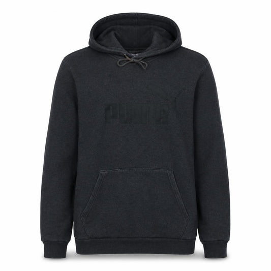 Front view of Puma men’s black pullover hoodie, size M, hooded sports sweatshirt