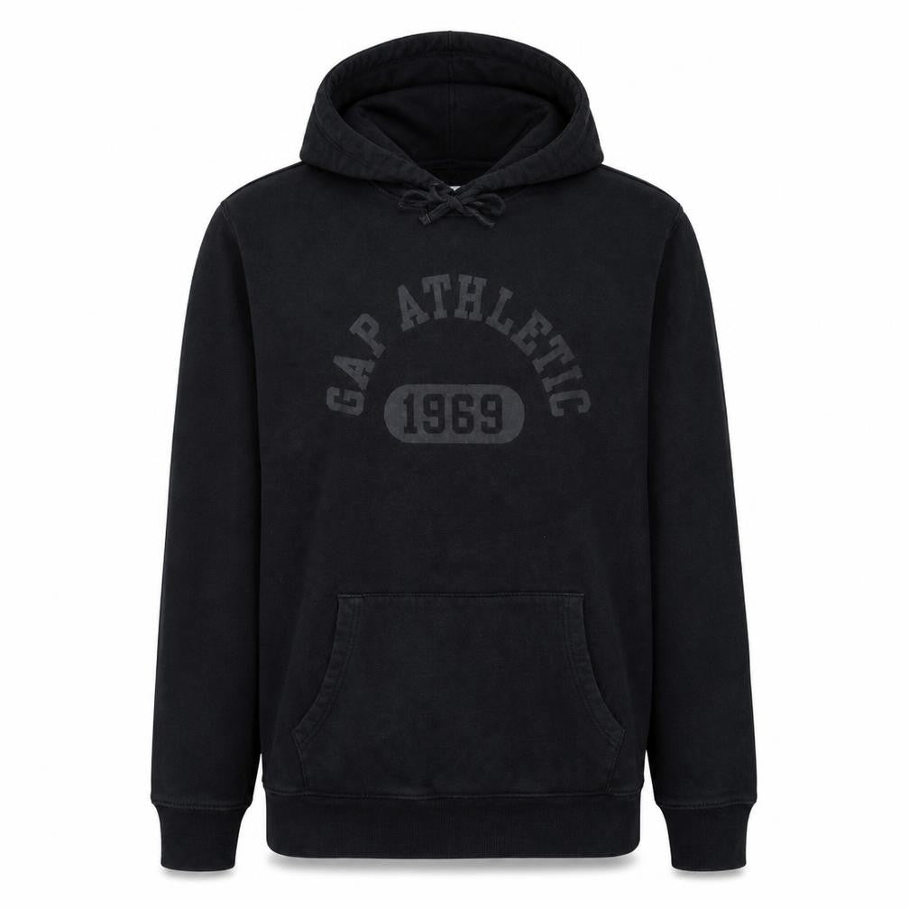Front view of Gap Men's Black Pullover Hoodie L Logo Graphic Fleece Sweatshirt