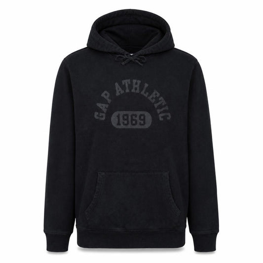 Front view of Gap Men's Black Pullover Hoodie L Logo Graphic Fleece Sweatshirt