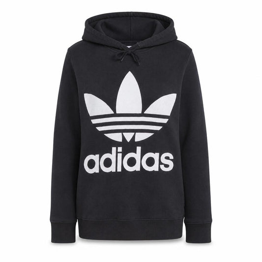 Front view of Adidas women’s black pullover hoodie, size UK 14, logo print sweatshirt