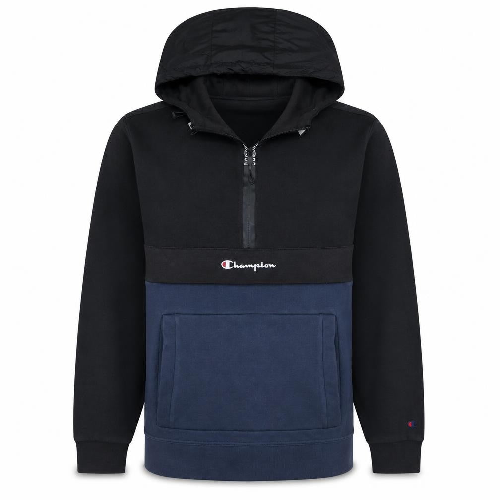 Front view of Champion Men's Black & Navy 1/2 Zip Pullover Hoodie, size L