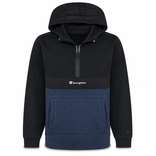 Front view of Champion Men's Black & Navy 1/2 Zip Pullover Hoodie, size L