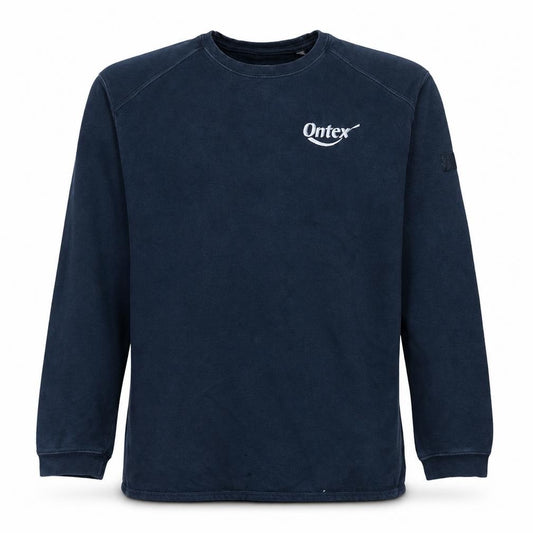 Front view of Russell men’s blue crew neck pullover sweatshirt, size L