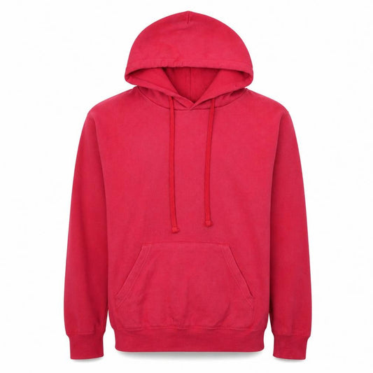 Front view of Russell men’s red pullover hoodie small fleece lined hooded sweatshirt