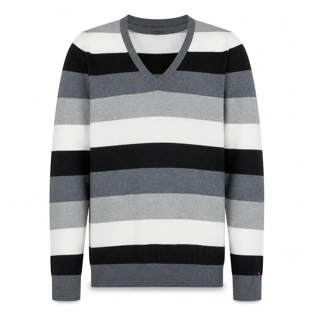 Front view of Tommy Hilfiger Men's Multicoloured V-Neck Striped Cotton Jumper L