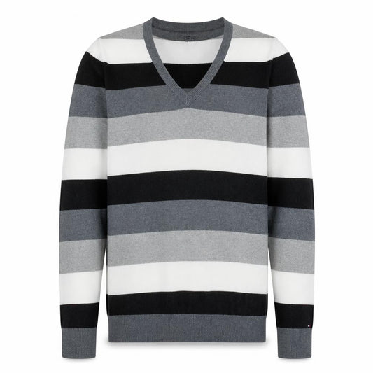 Front view of Tommy Hilfiger Men's Multicoloured V-Neck Striped Cotton Jumper L