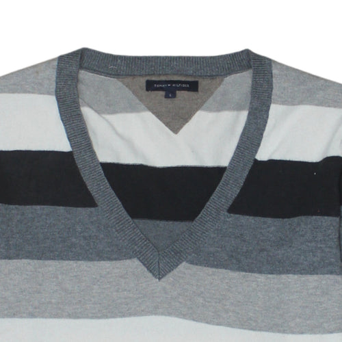 Tommy Hilfiger Men's Multicoloured V-Neck Striped Cotton Jumper L