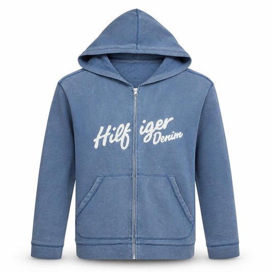 Front view of Tommy Jeans men’s blue full zip hoodie l logo graphic sweatshirt