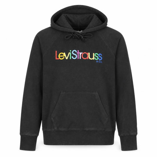 Front view of Levi's Men's Black Small Pullover Hoodie with Rainbow Embroidered Logo