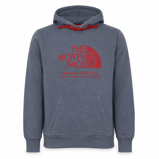 Front view of The North Face Men's Blue Pullover Hoodie, size M, Graphic Print