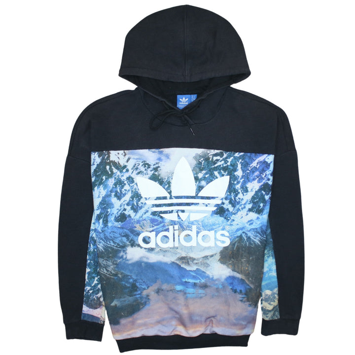 Adidas Womens Black Blue UK 12 Pullover Hoodie with Graphic Print