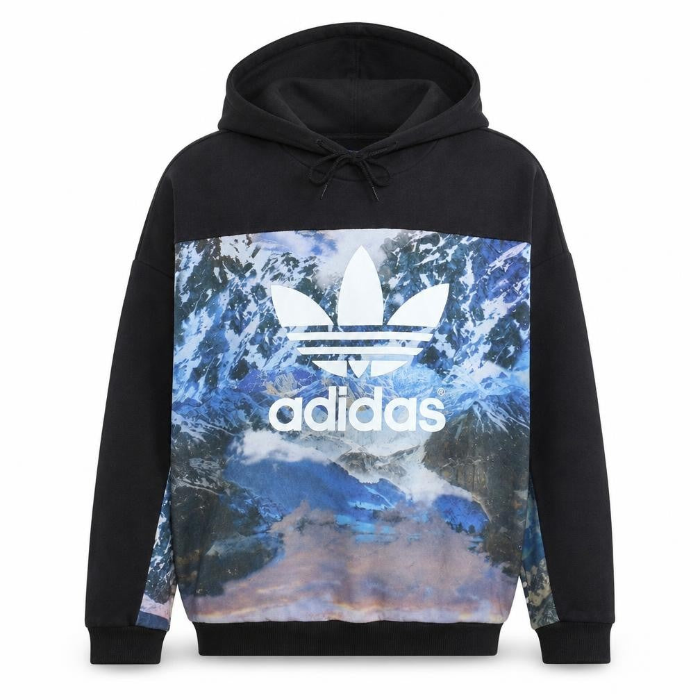 Front view of Adidas women’s black blue uk 12 pullover hoodie with graphic print