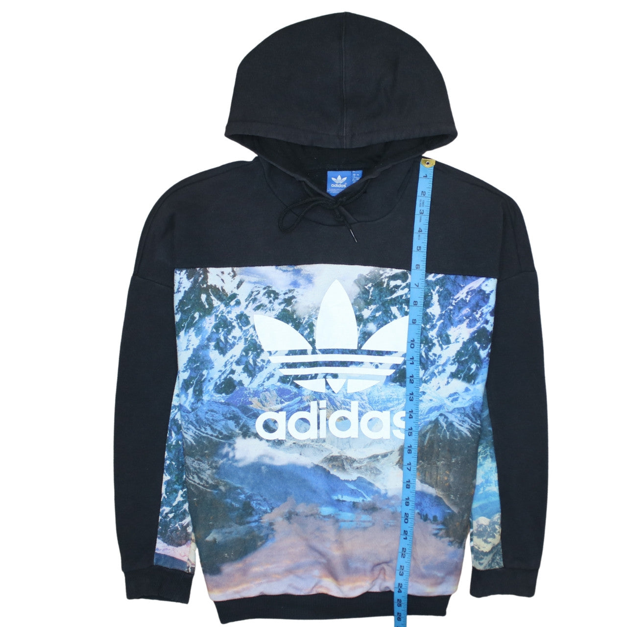 Adidas Womens Black Blue UK 12 Pullover Hoodie with Graphic Print