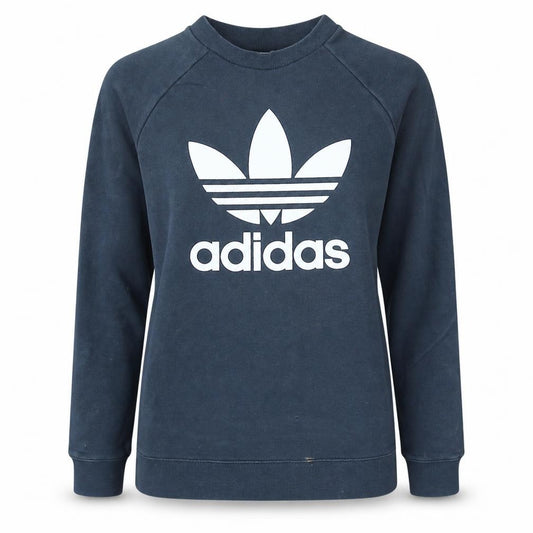 Front view of Adidas Women’s Blue Logo Crew Neck Pullover Sweatshirt, size UK 14