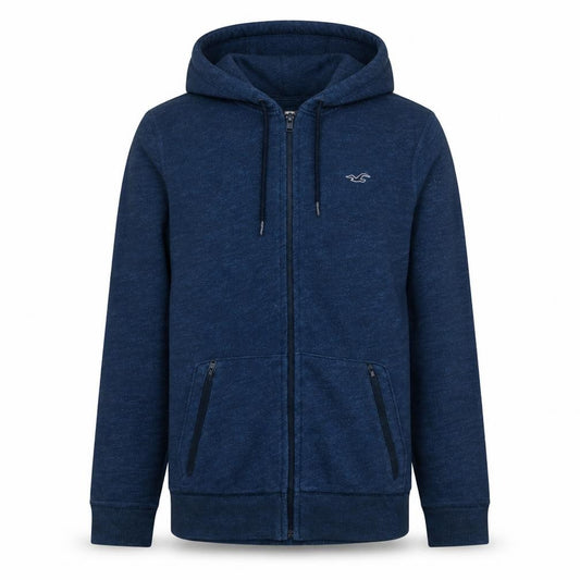 Front view of Hollister men’s blue full zip hoodie, size S, regular fit