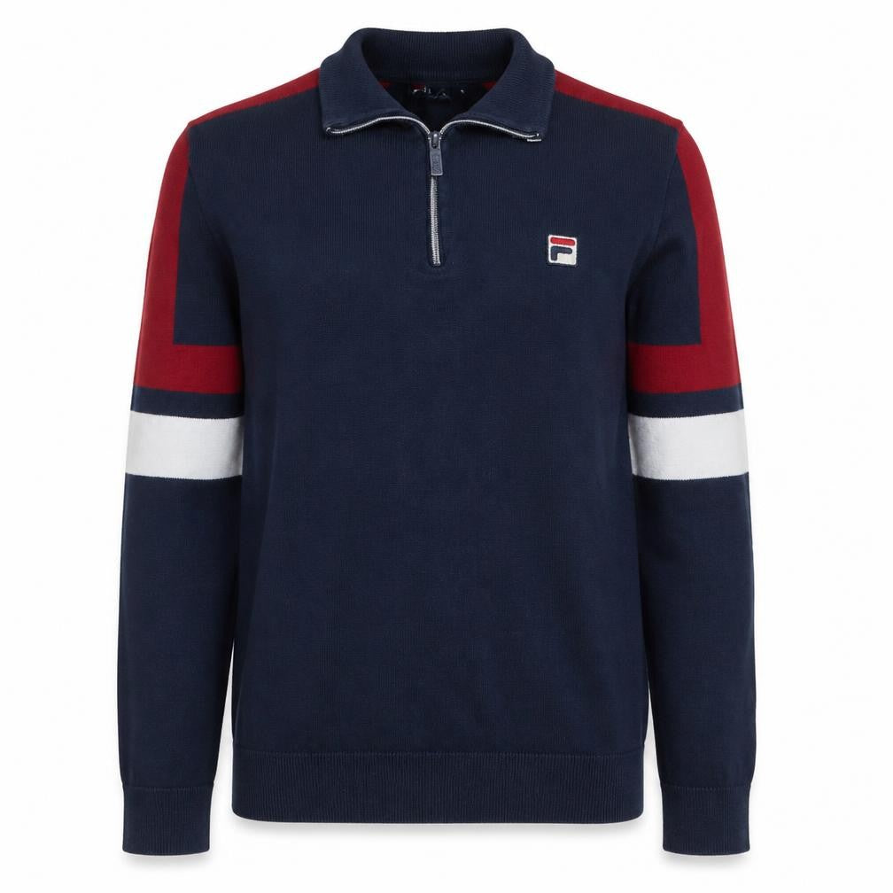 Front view of Fila Men's Blue Red 1/4 Zip Collared Sweatshirt, size S