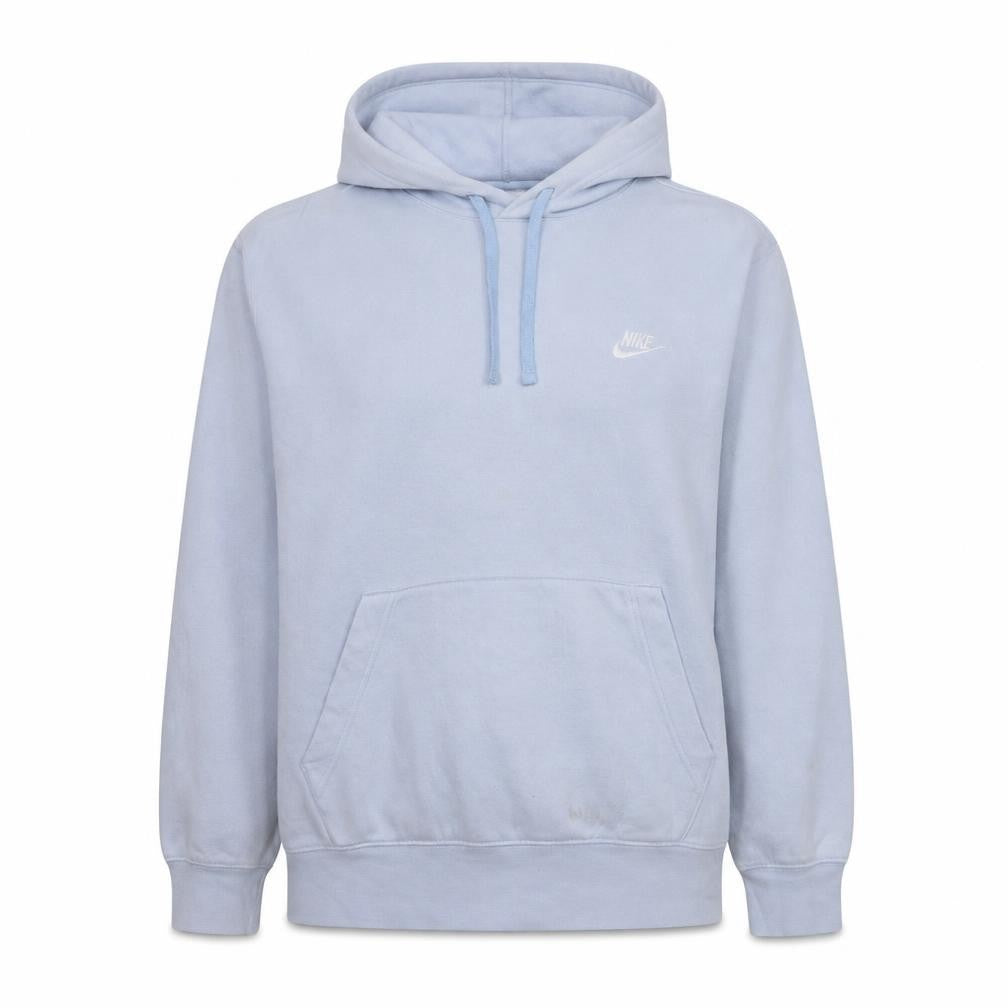 Front view of Nike Women Light Blue Pullover Hoodie L Cotton Blend Logo Sweatshirt