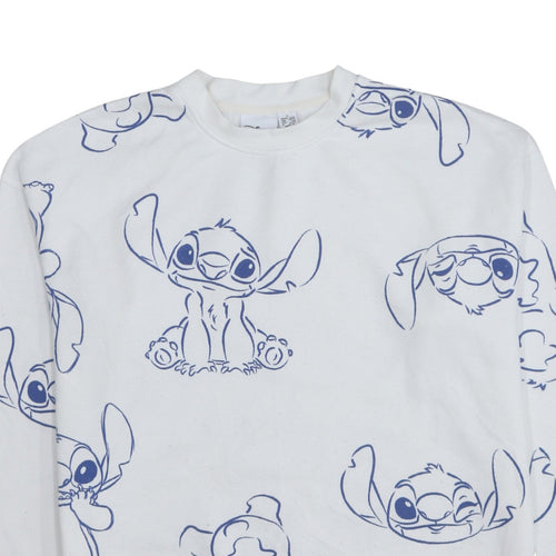 Disney Women White Stitch Sweatshirt Small Crew Neck Pullover