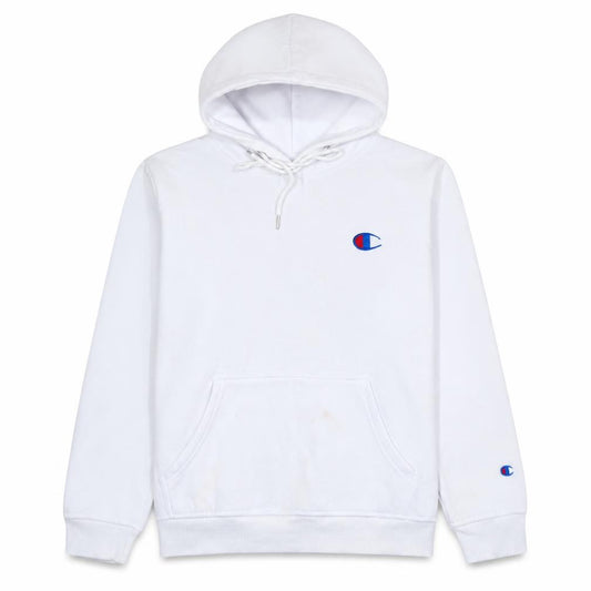 Front view of Champion Men's White Pullover Hoodie Large Embroidered Logo