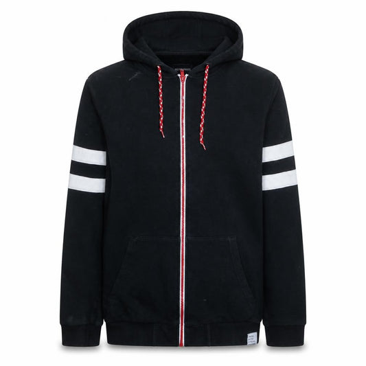 Front view of Your Turn Men’s Black Full Zip Hoodie M Sports Stripe Casual