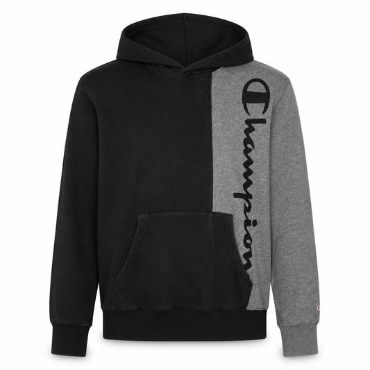 Front view of Champion Men’s Black Grey Pullover Hoodie, size L, Logo Fleece