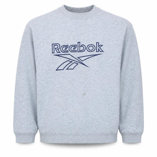 Front view of Reebok men’s grey pullover sweatshirt, size S, vintage sports logo