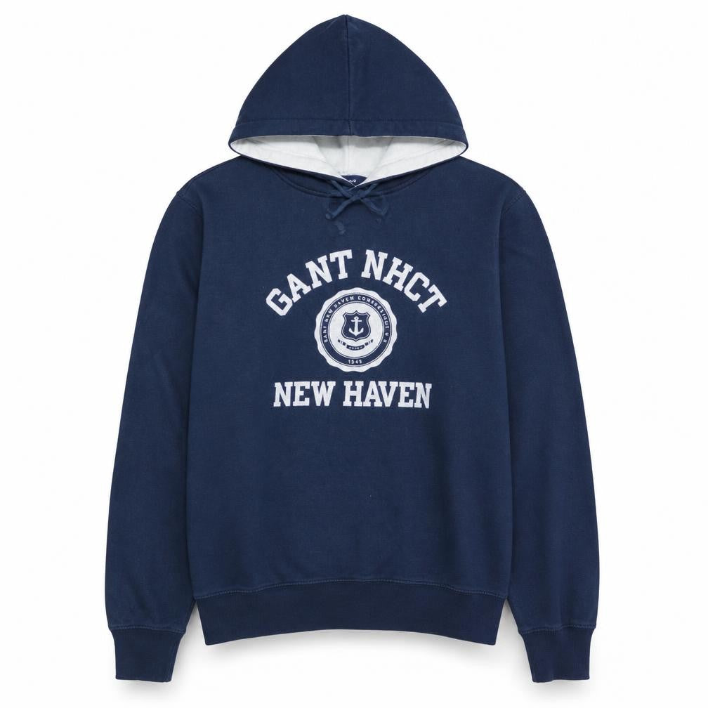 Front view of GANT Men's Blue Pullover Hoodie M Embroidered Logo New Haven Cotton