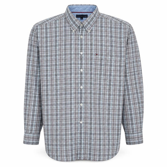 Front view of Tommy Hilfiger Men’s Blue Check Long Sleeve Button-Down Shirt 2XL