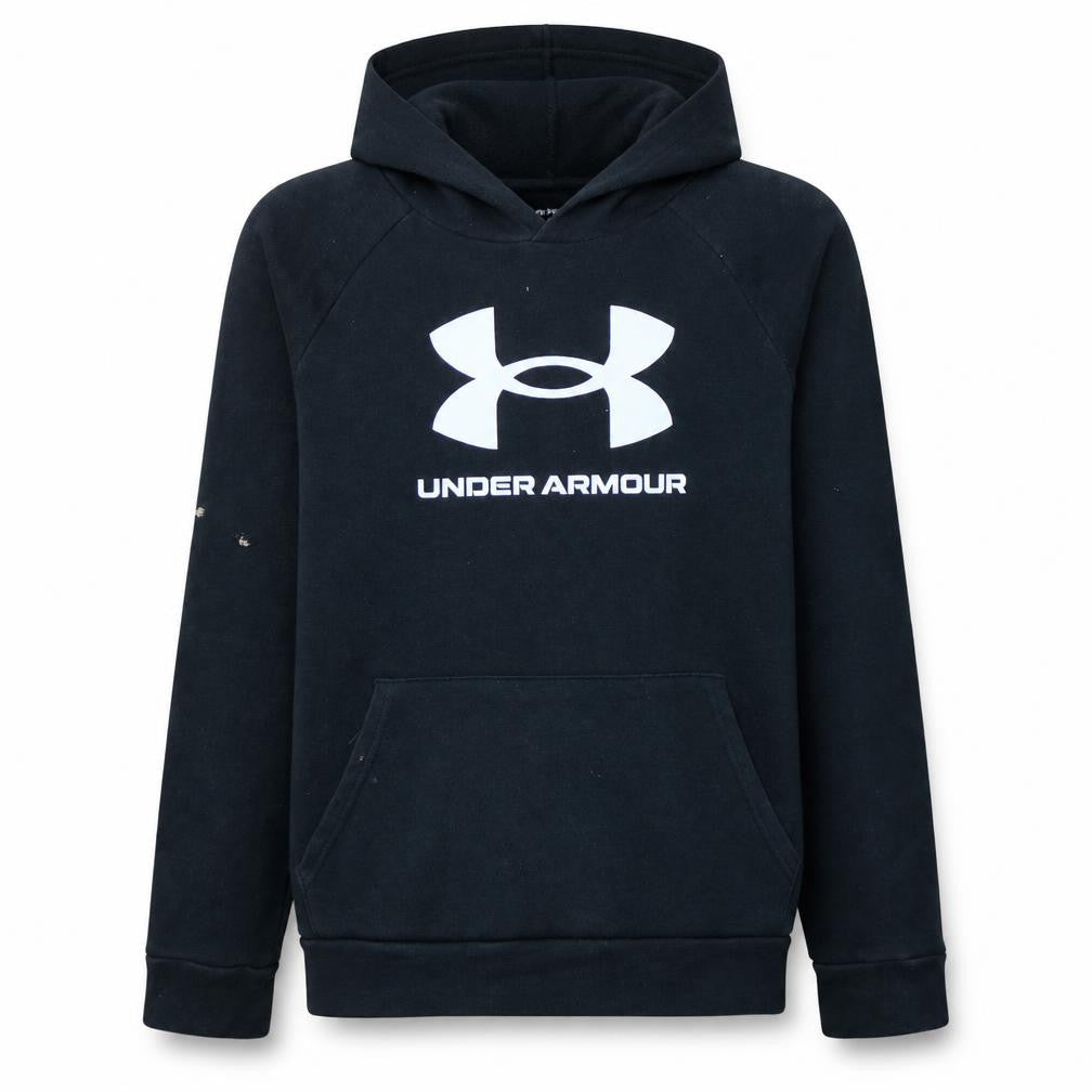 Front view of Under Armour boys’ black xl pullover hoodie loose fit cotton blend