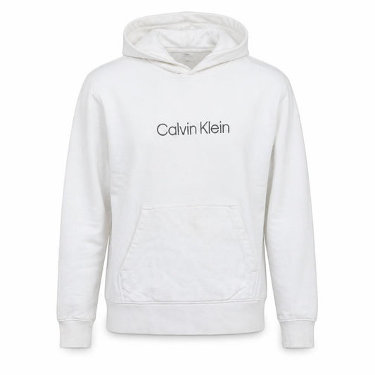 Front view of Calvin Klein Men’s White Pullover Hoodie Medium Logo Cotton