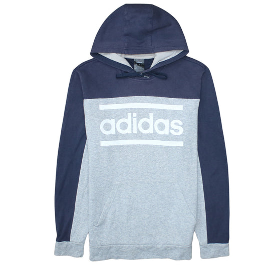 Adidas Men's Grey Navy Pullover Hoodie L Logo Fleece Sweatshirt