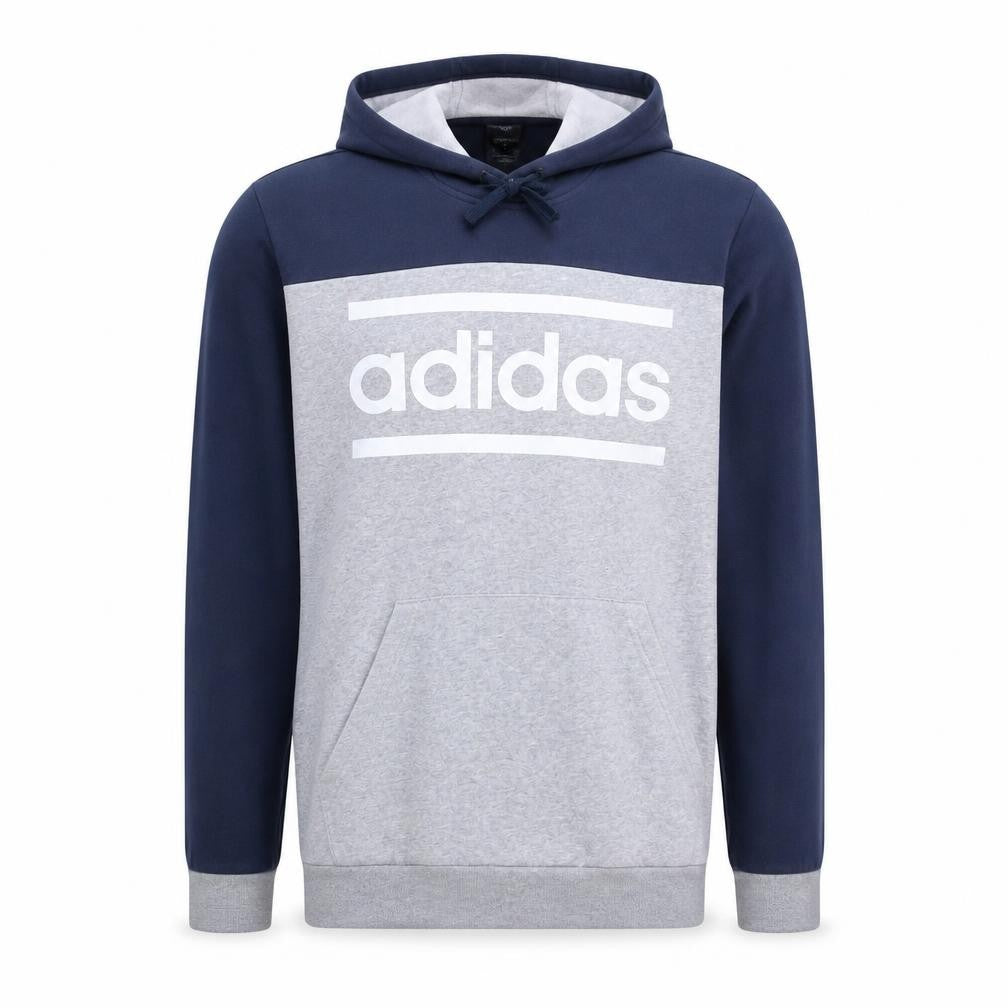 Front view of Adidas Men's Grey Navy Pullover Hoodie L Logo Fleece Sweatshirt