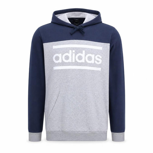 Front view of Adidas Men's Grey Navy Pullover Hoodie L Logo Fleece Sweatshirt