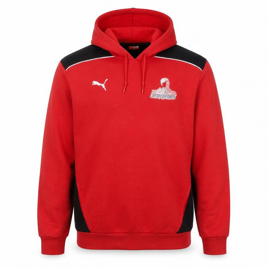 Front view of Puma men’s red 2xl pullover hoodie scorpions sportswear