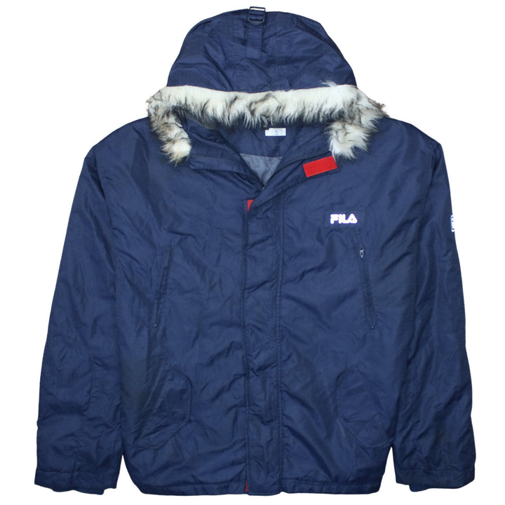 Fila Men's Blue Hooded Parka Jacket XL Faux Fur Trim Winter Coat