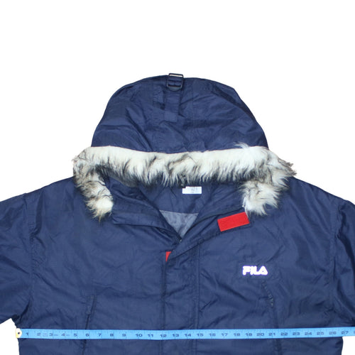 Fila Men's Blue Hooded Parka Jacket XL Faux Fur Trim Winter Coat