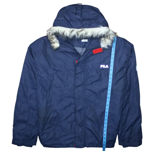 Fila Men's Blue Hooded Parka Jacket XL Faux Fur Trim Winter Coat